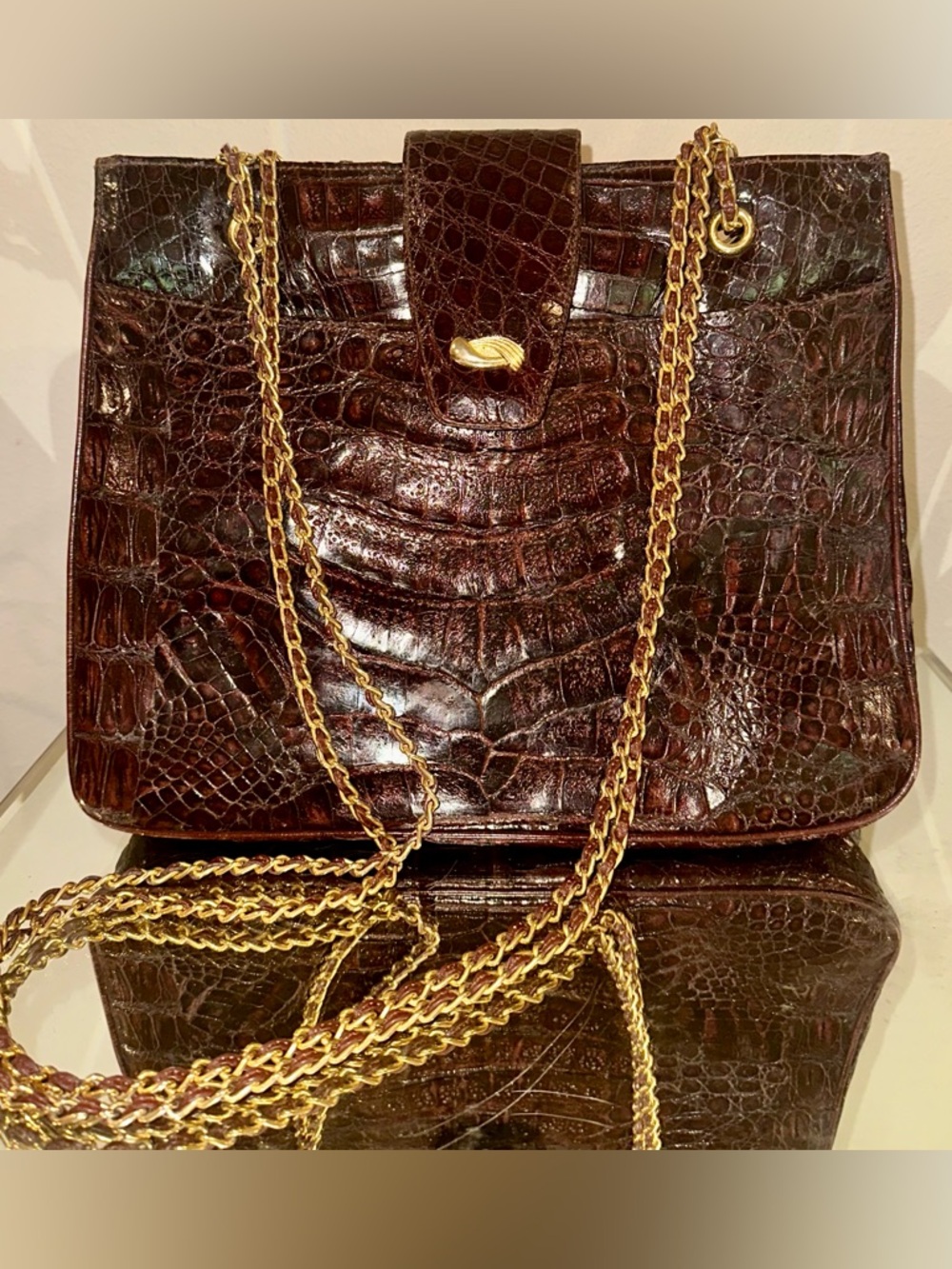 Timeless vintage large genuine crocodile Crossbody Bag Gold Chain strap